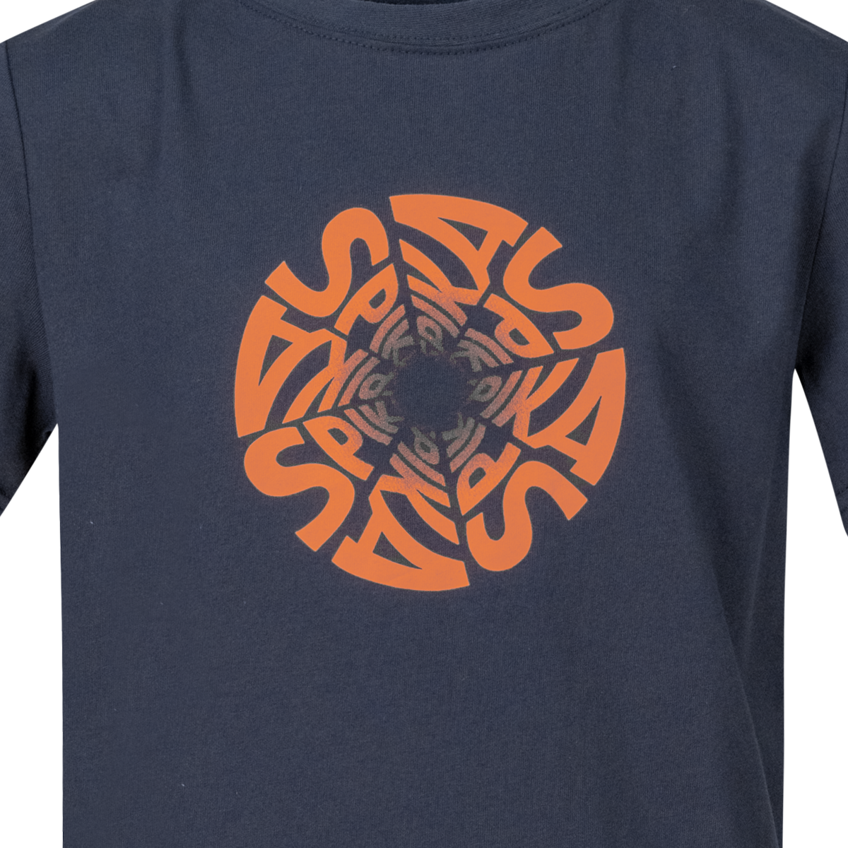 Close-up of the orange circular repeating SPIKA swirl print on the GO Seeker kids' navy T-shirt