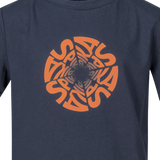 Close-up of the orange circular repeating SPIKA swirl print on the GO Seeker kids' navy T-shirt