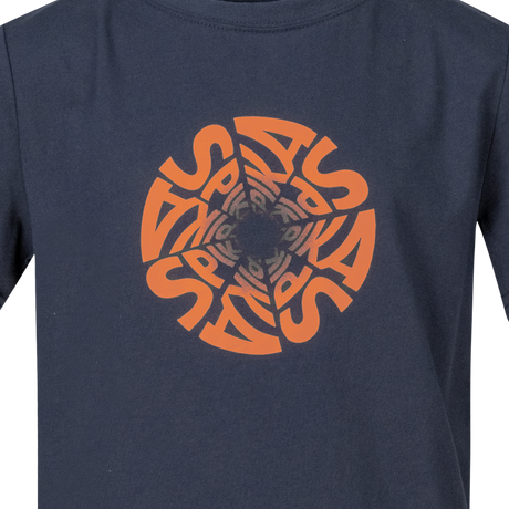 Close-up of the orange circular repeating SPIKA swirl print on the GO Seeker kids' navy T-shirt