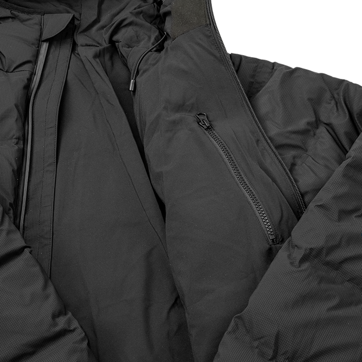 Spika Terra men's puffer jacket in Black, opened to show the inner lining and internal zip pocket
