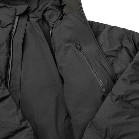Spika Terra men's puffer jacket in Black, opened to show the inner lining and internal zip pocket
