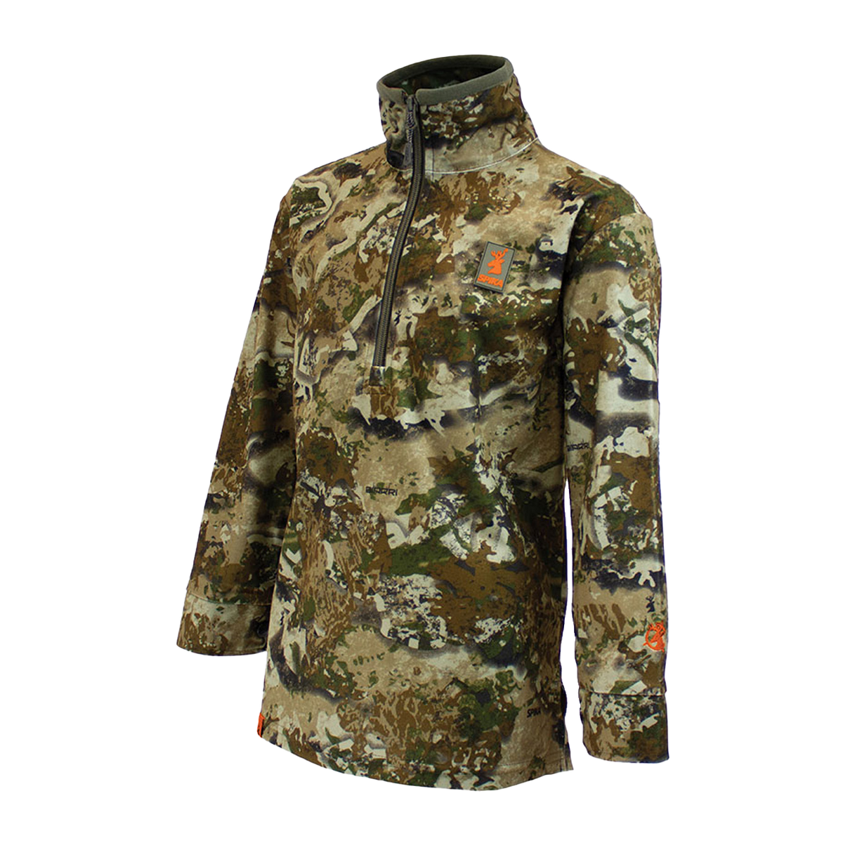 Spika Tracker kids' long sleeve shirt in Biarri Camo, three-quarter view with chest zip and logo tab