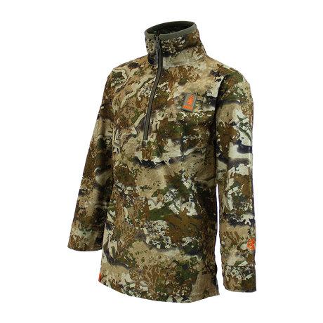 Spika Tracker kids' long sleeve shirt in Biarri Camo, three-quarter view with chest zip and logo tab