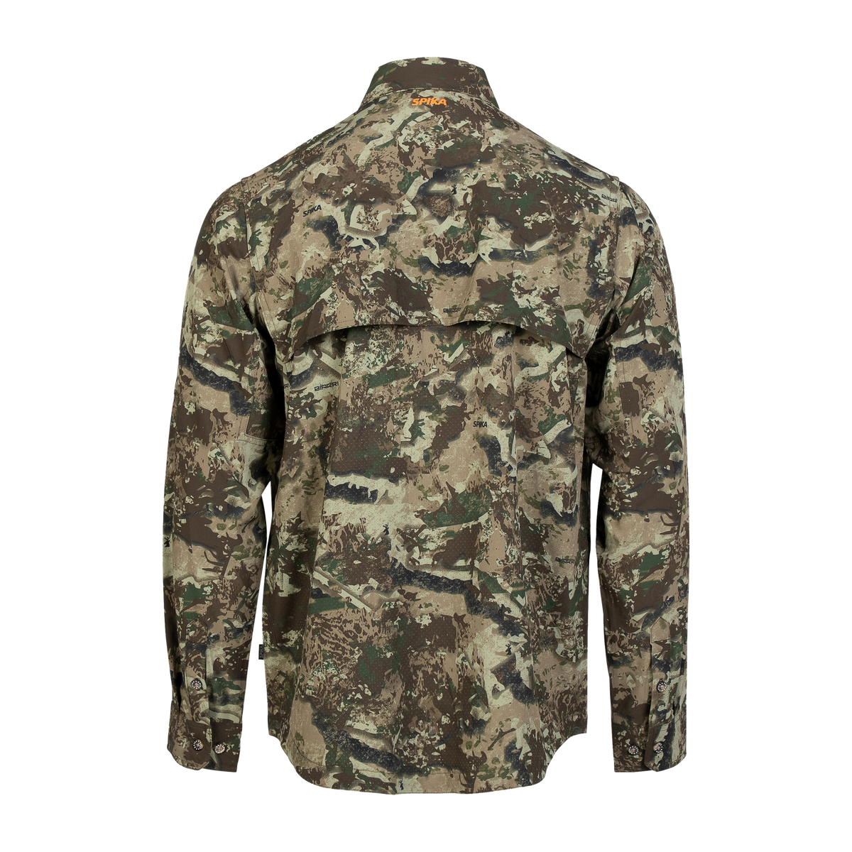 Spika Overlander men's hunting shirt in Biarri Camo, back view with vented shoulder yoke