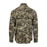 Spika Overlander men's hunting shirt in Biarri Camo, back view with vented shoulder yoke