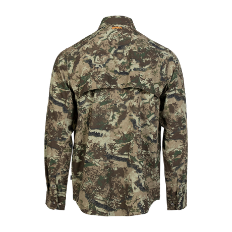 Spika Overlander men's hunting shirt in Biarri Camo, back view with vented shoulder yoke