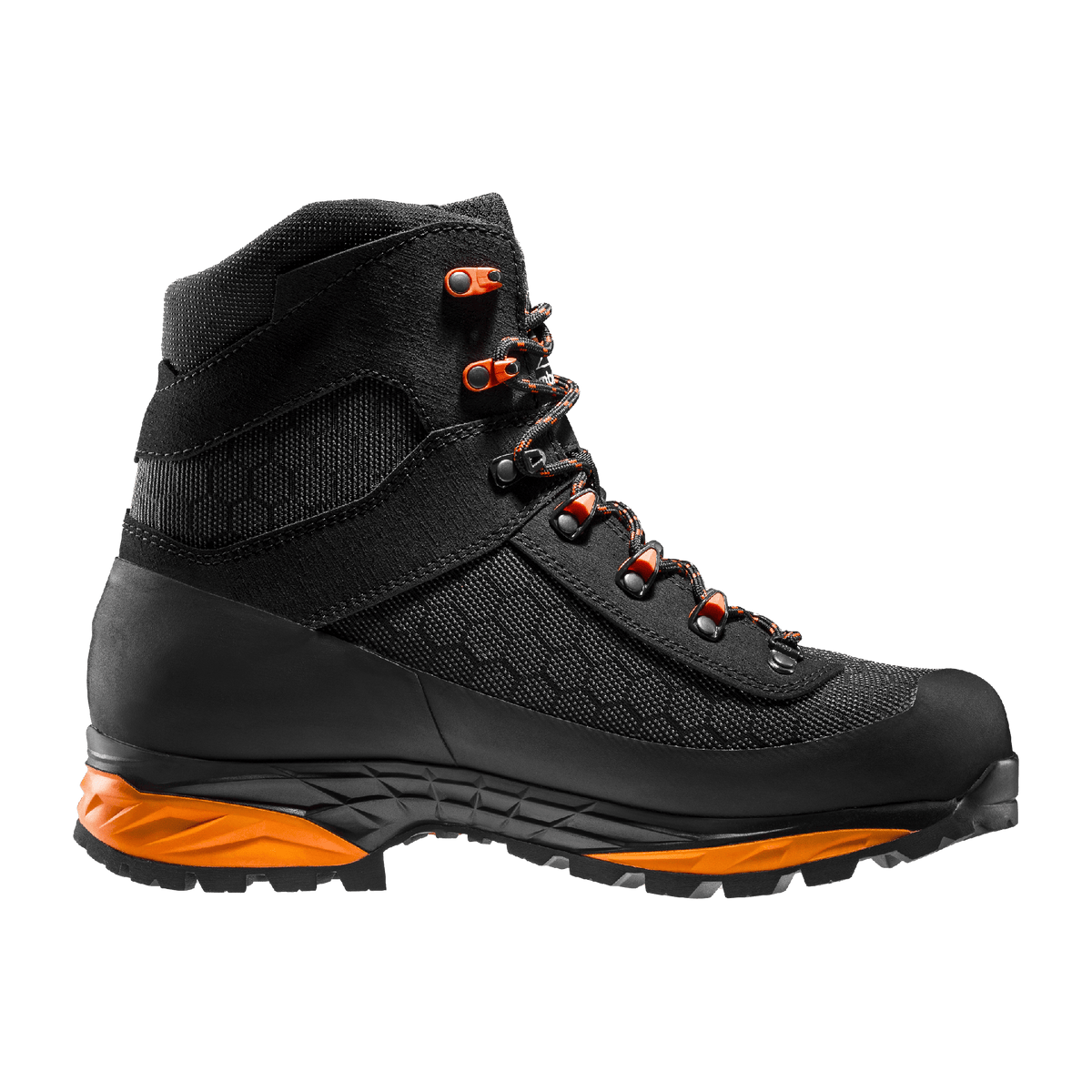 Zamberlan 3034 Seiland GTX RR men's hiking boot in black and orange, side profile showing hexagon-textured upper, no logo