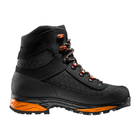 Zamberlan 3034 Seiland GTX RR men's hiking boot in black and orange, side profile showing hexagon-textured upper, no logo
