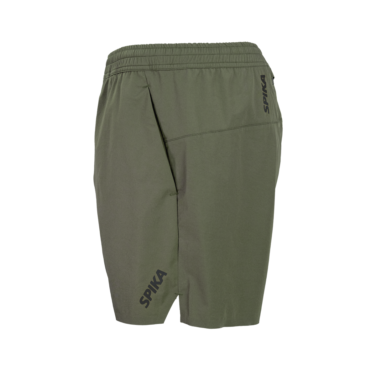 Spika GO Arid men's olive quick dry shorts, side view showing leg split hem and SPIKA print