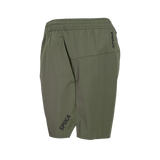 Spika GO Arid men's olive quick dry shorts, side view showing leg split hem and SPIKA print