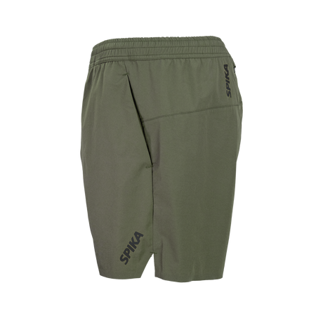 Spika GO Arid men's olive quick dry shorts, side view showing leg split hem and SPIKA print
