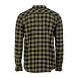 Spika men's Moss Green and black check flannel shirt, back view with shoulder yoke