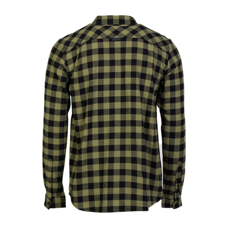 Spika men's Moss Green and black check flannel shirt, back view with shoulder yoke
