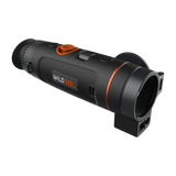 ThermTec Wild 335L thermal monocular, front three-quarter view of open lens and rangefinder apertures