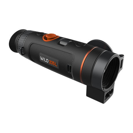 ThermTec Wild 335L thermal monocular, front three-quarter view of open lens and rangefinder apertures