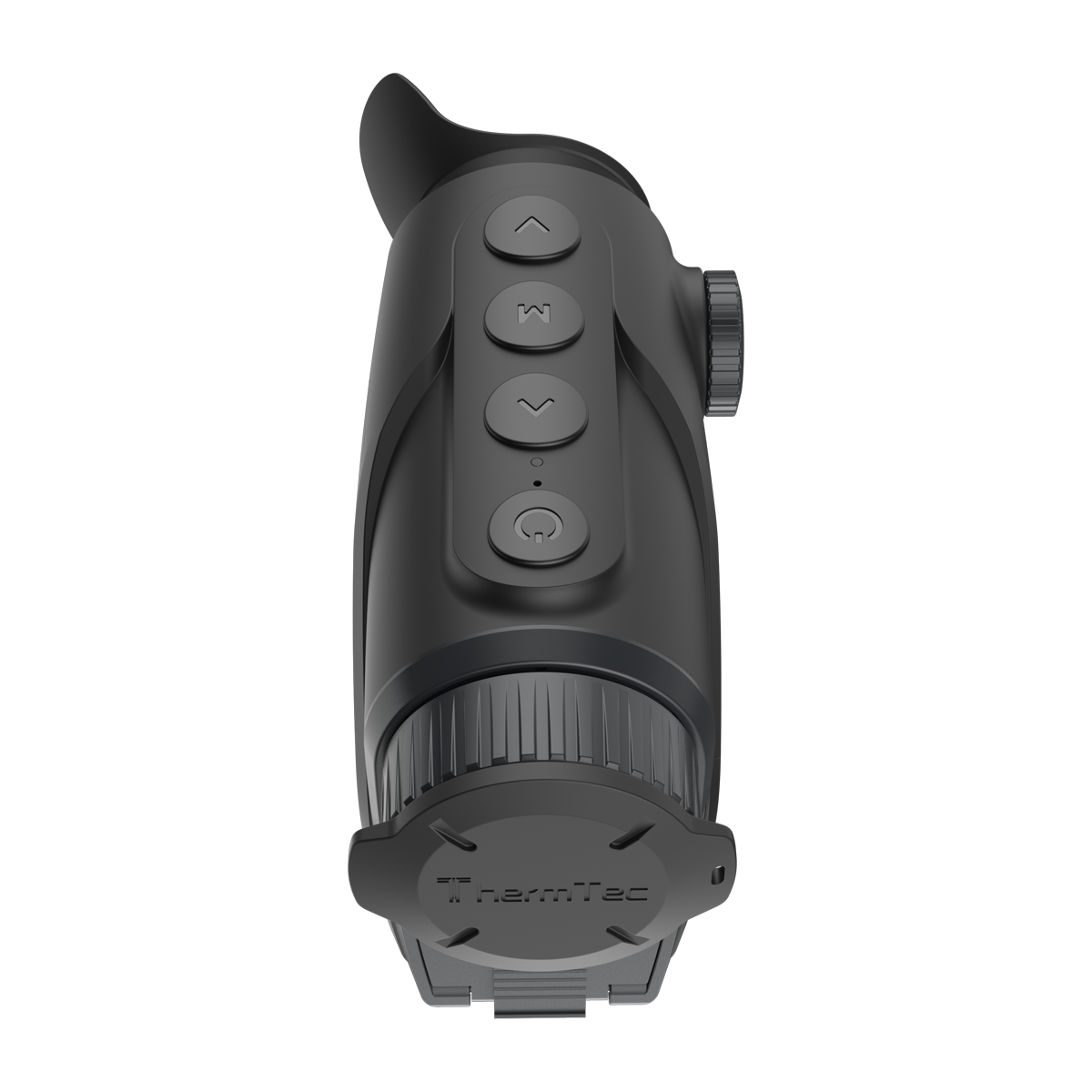 ThermTec Cyclone 325 thermal monocular, top view of control buttons with lens cap fitted