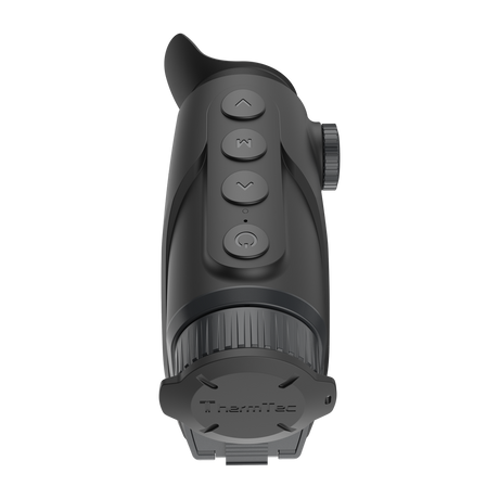ThermTec Cyclone 325 thermal monocular, top view of control buttons with lens cap fitted