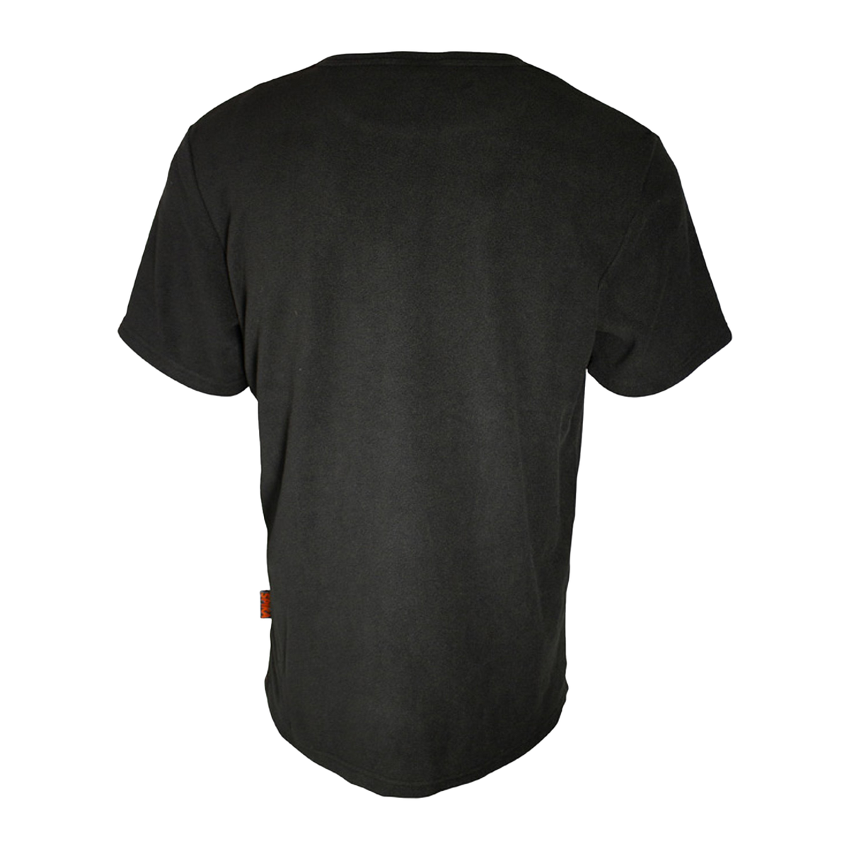 Spika Alpine men's black fleece t-shirt, back view with orange tab on the side seam