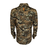 Spika Enduro men's Biarri Camo athletic top, back view with orange tab below the collar