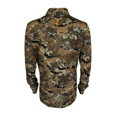 Spika Enduro men's Biarri Camo athletic top, back view with orange tab below the collar