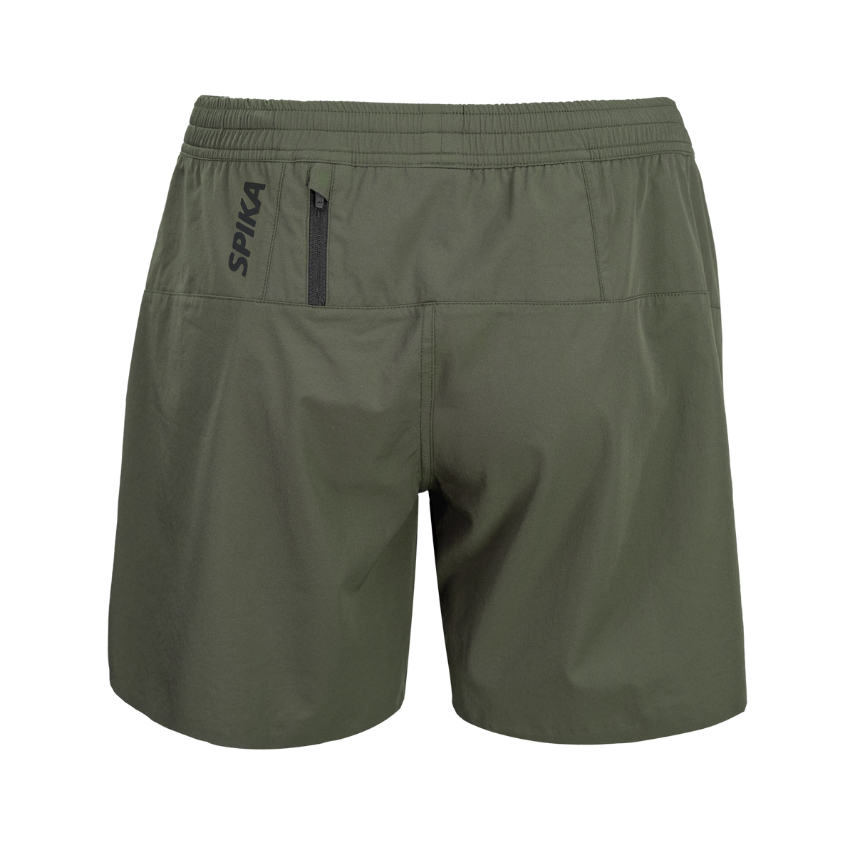 Spika GO Arid men's quick dry shorts in olive, back view with zip pocket and SPIKA logo
