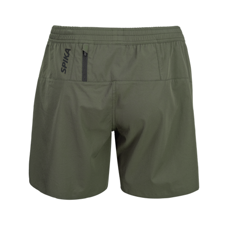 Spika GO Arid men's quick dry shorts in olive, back view with zip pocket and SPIKA logo