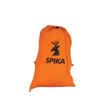 Spika Drover meat bag 3 pack, small blaze orange drawstring game bag with Spika stag logo, filled