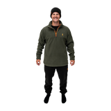 Man wearing the Spika olive quarter-zip fleece, black track pants and beanie from the 6 Piece Box Pack