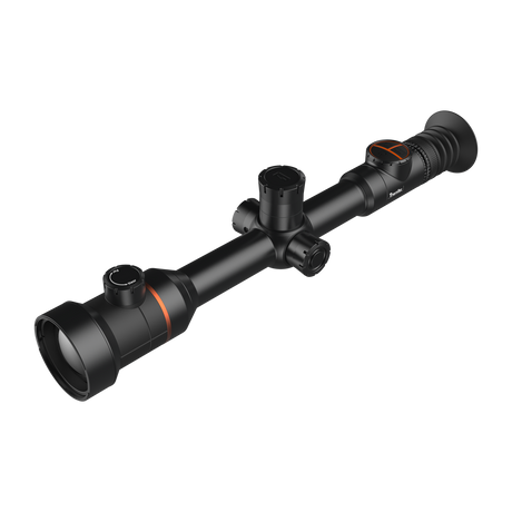 ThermTec Ares 650 2.0 thermal tube scope in black, three-quarter view from objective lens end