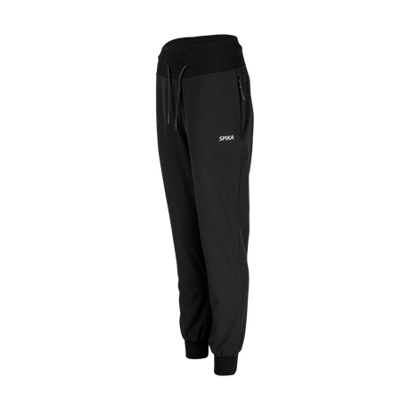 Spika GO Casual women's black jogger pants, three-quarter side view with zip pocket and cuffed ankles