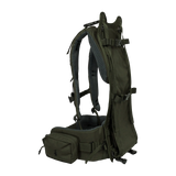 Spika Drover II Hauler frame in Olive Summit, side profile with pack removed showing frame and hip belt