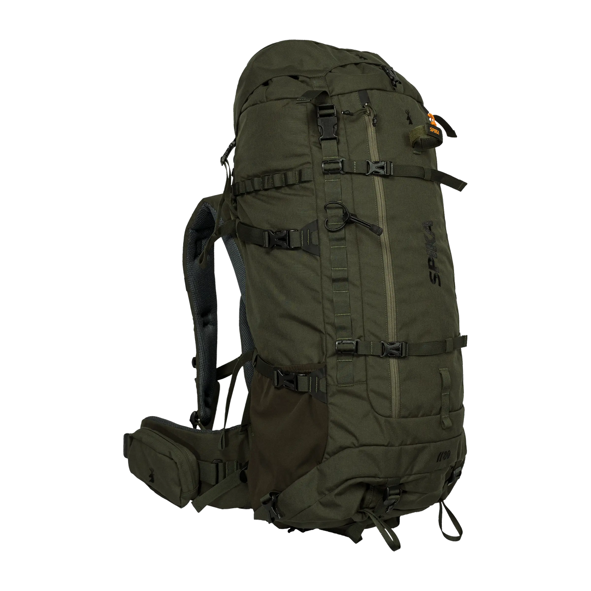 Spika Drover II Hauler 80L pack and frame in Olive Summit, three-quarter front view with side mesh pocket