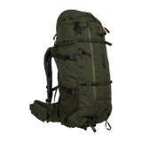 Spika Drover II Hauler 80L pack and frame in Olive Summit, three-quarter front view with side mesh pocket