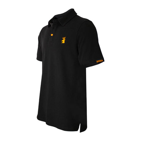 Spika GO Casual men's black polo shirt, three-quarter side view with orange SPIKA sleeve tab