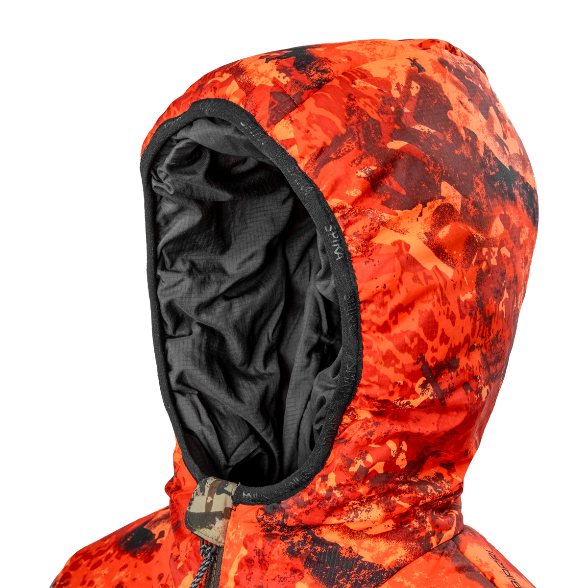 Spika Terra kids' puffer jacket in Biarri Camo/Blaze, close-up of the blaze orange hood and lining