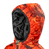 Spika Terra kids' puffer jacket in Biarri Camo/Blaze, close-up of the blaze orange hood and lining