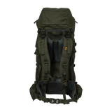 Spika Drover II Hauler 80L pack and frame in Olive Summit, rear view of harness, back panel and hip belt