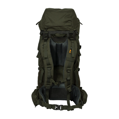 Spika Drover II Hauler 80L pack and frame in Olive Summit, rear view of harness, back panel and hip belt