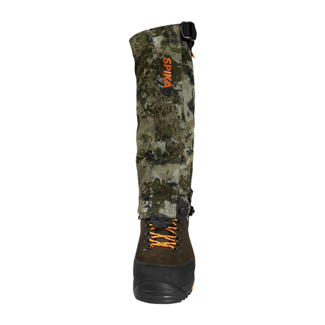 Spika Ranger adult gaiter in Biarri Camo on a hiking boot, straight-on front view