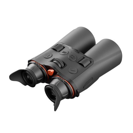 ThermTec Ventus 635L multi-spectrum binoculars, rear view from left of eyecups and focus dial