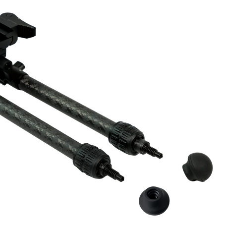 Velocity Carbon Bipod rubber feet removed to show the integrated spike feet