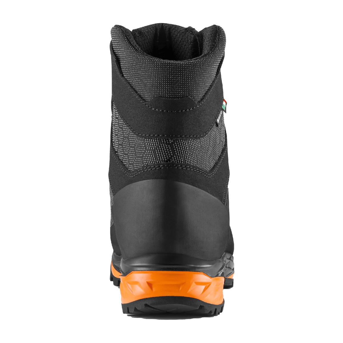 Zamberlan 3034 Seiland GTX RR men's hiking boot in black and orange, rear view of heel counter and orange midsole