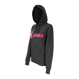 Spika GO Classic women's black hoodie, three-quarter view showing hood and pink SPIKA logo