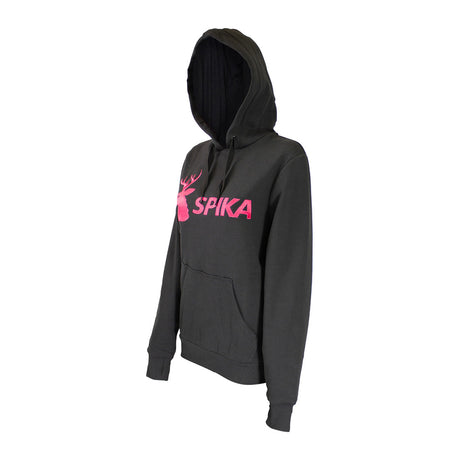 Spika GO Classic women's black hoodie, three-quarter view showing hood and pink SPIKA logo