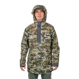 Model wearing the Spika Buckland men's Biarri Camo jacket with the hood up, front view
