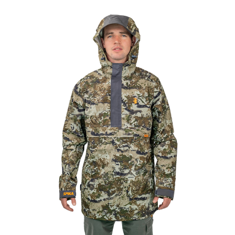 Model wearing the Spika Buckland men's Biarri Camo jacket with the hood up, front view