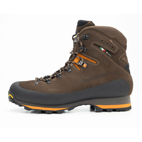 Zamberlan 968 Target GTX RR men's hunting boot in dark brown and orange, outer side profile with embossed logo