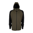 Spika men's microfleece zip-through hoodie in Olive Summit, front view with black sleeves