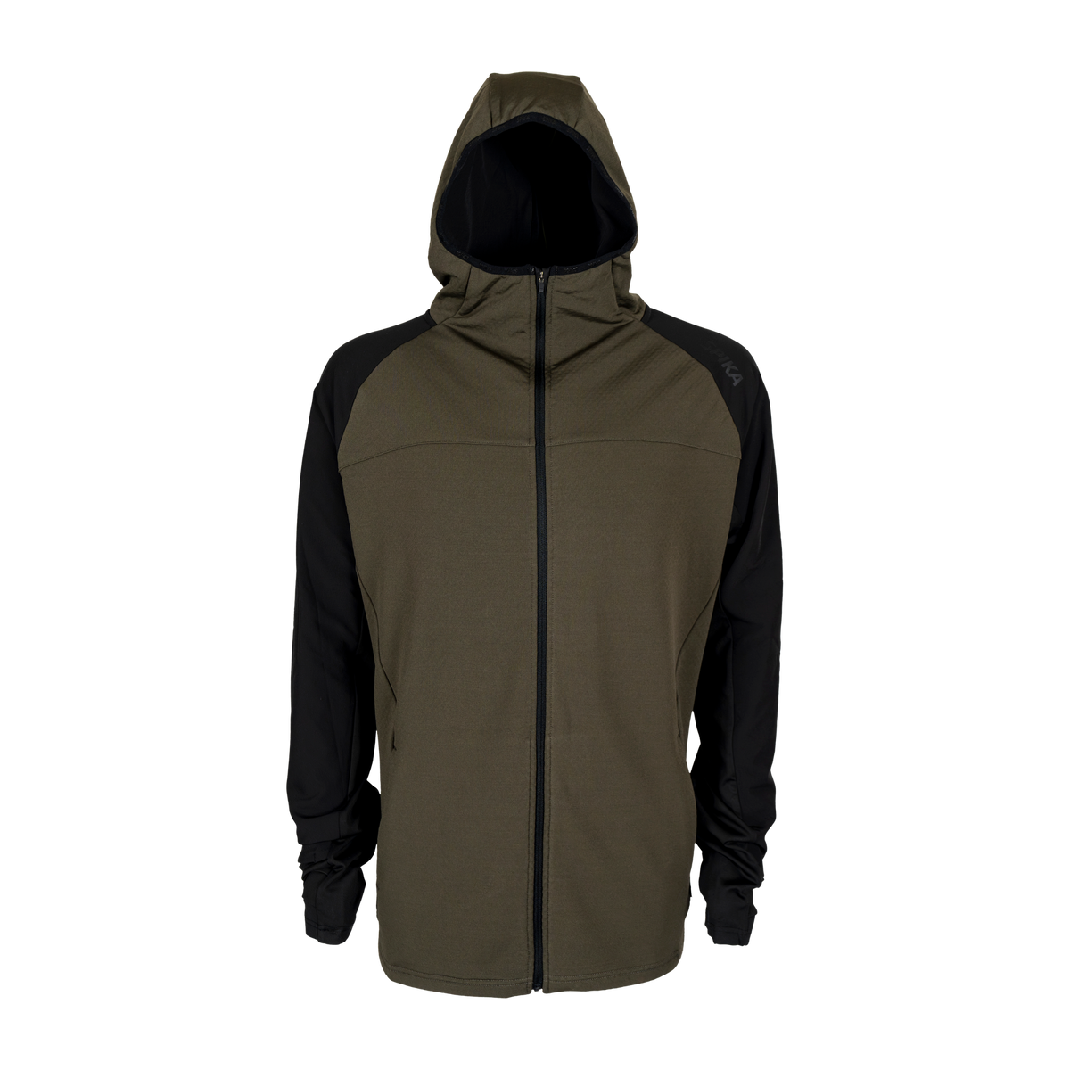Spika men's microfleece zip-through hoodie in Olive Summit, front view with black sleeves