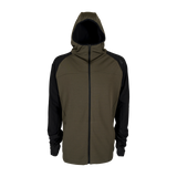 Spika men's microfleece zip-through hoodie in Olive Summit, front view with black sleeves